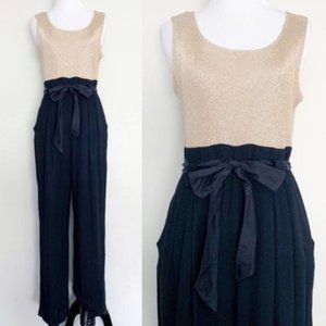 Vintage 80s 90s Gold & Black Sleeveless Paperbag Jumpsuit with Pockets Small